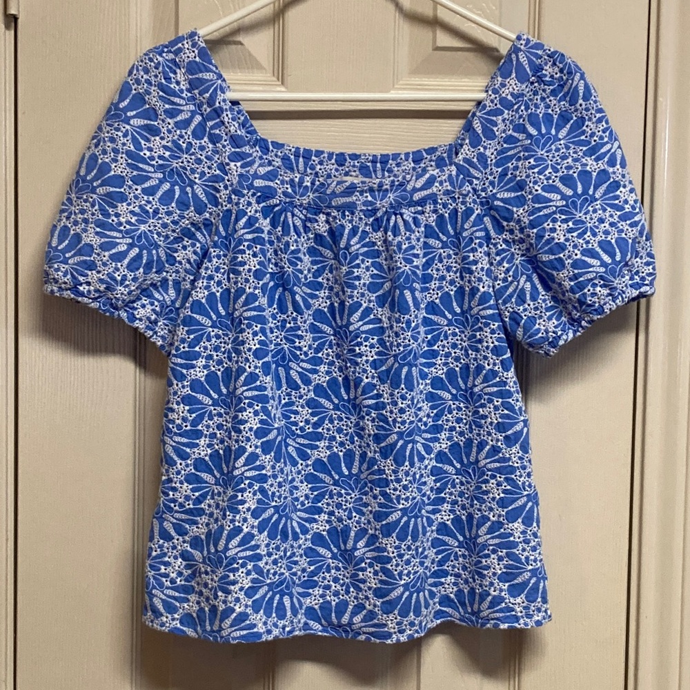 Ann Taylor Loft Embroidered Blue & White Floral Square Neck Peasant Top Sz M